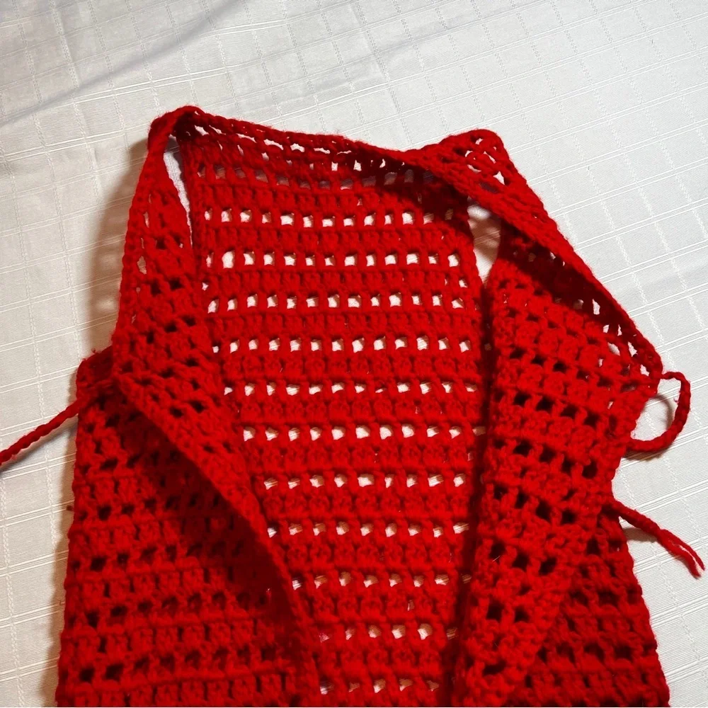 Vintage 1970's Handmade Crochet Red Tie Vest Retro Holiday Festival Hippie - Picture 7 of 7